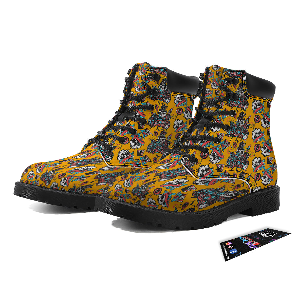 Yellow Skull Old School Tattoo Print Pattern Boots-grizzshop