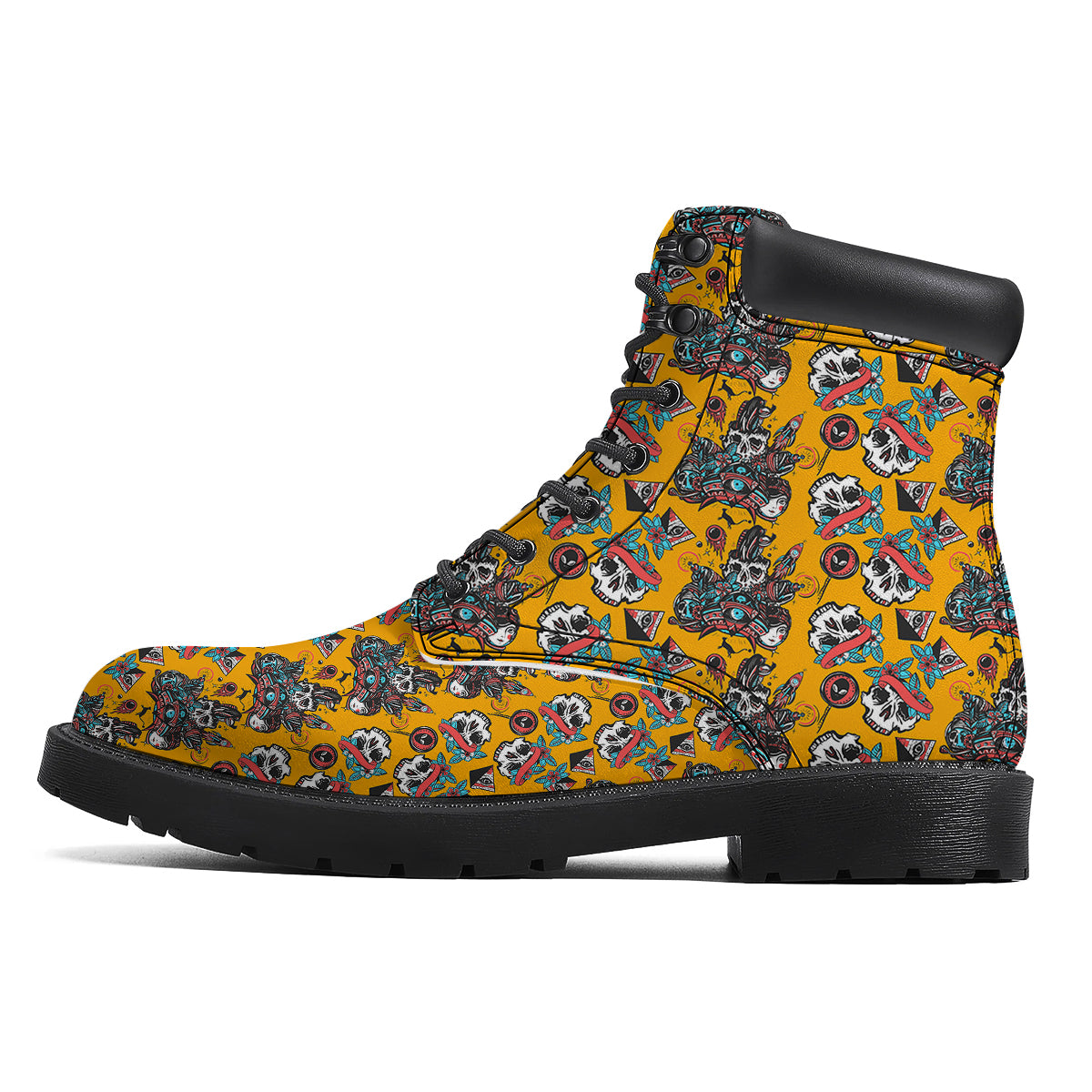 Yellow Skull Old School Tattoo Print Pattern Boots-grizzshop