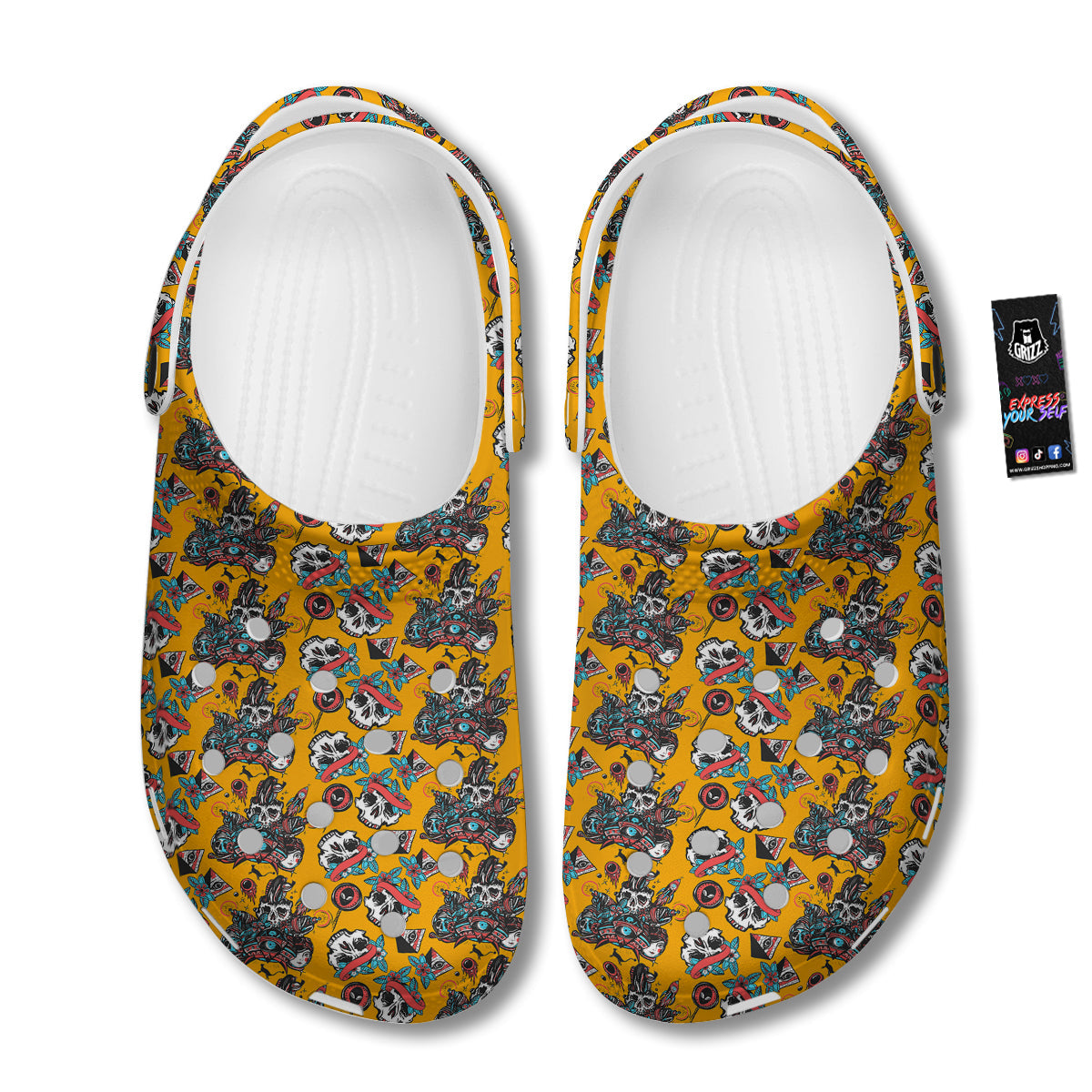 Yellow Skull Old School Tattoo Print Pattern Clog-grizzshop