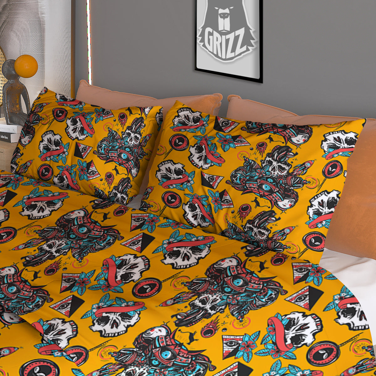 Yellow Skull Old School Tattoo Print Pattern Duvet Cover Bedding Set