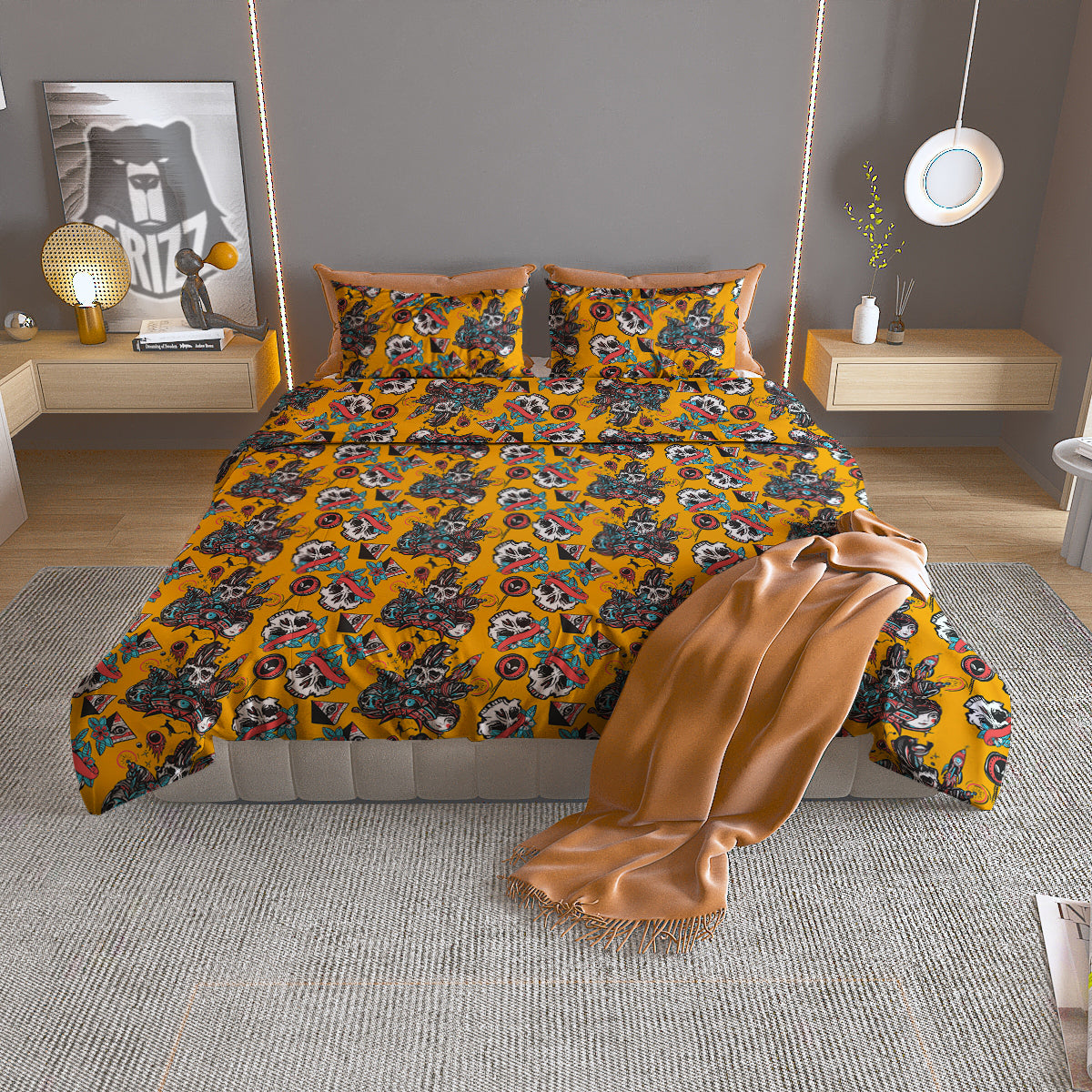 Yellow Skull Old School Tattoo Print Pattern Duvet Cover Bedding Set