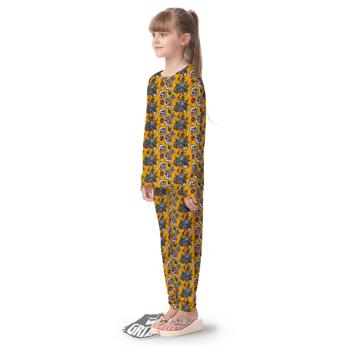 Yellow Skull Old School Tattoo Print Pattern Kid's Pajamas-grizzshop