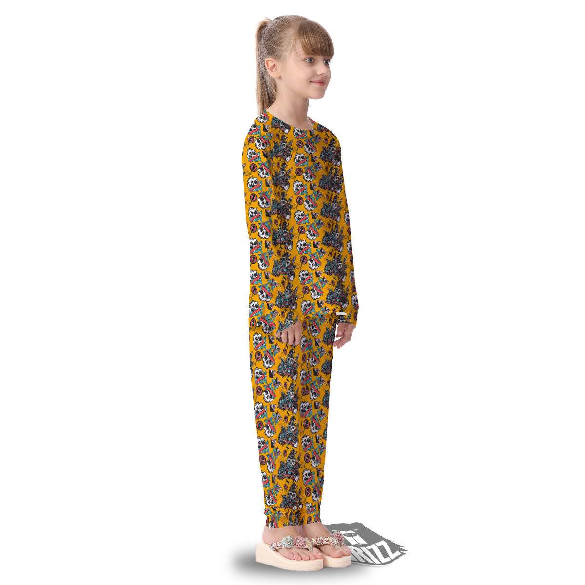 Yellow Skull Old School Tattoo Print Pattern Kid's Pajamas-grizzshop