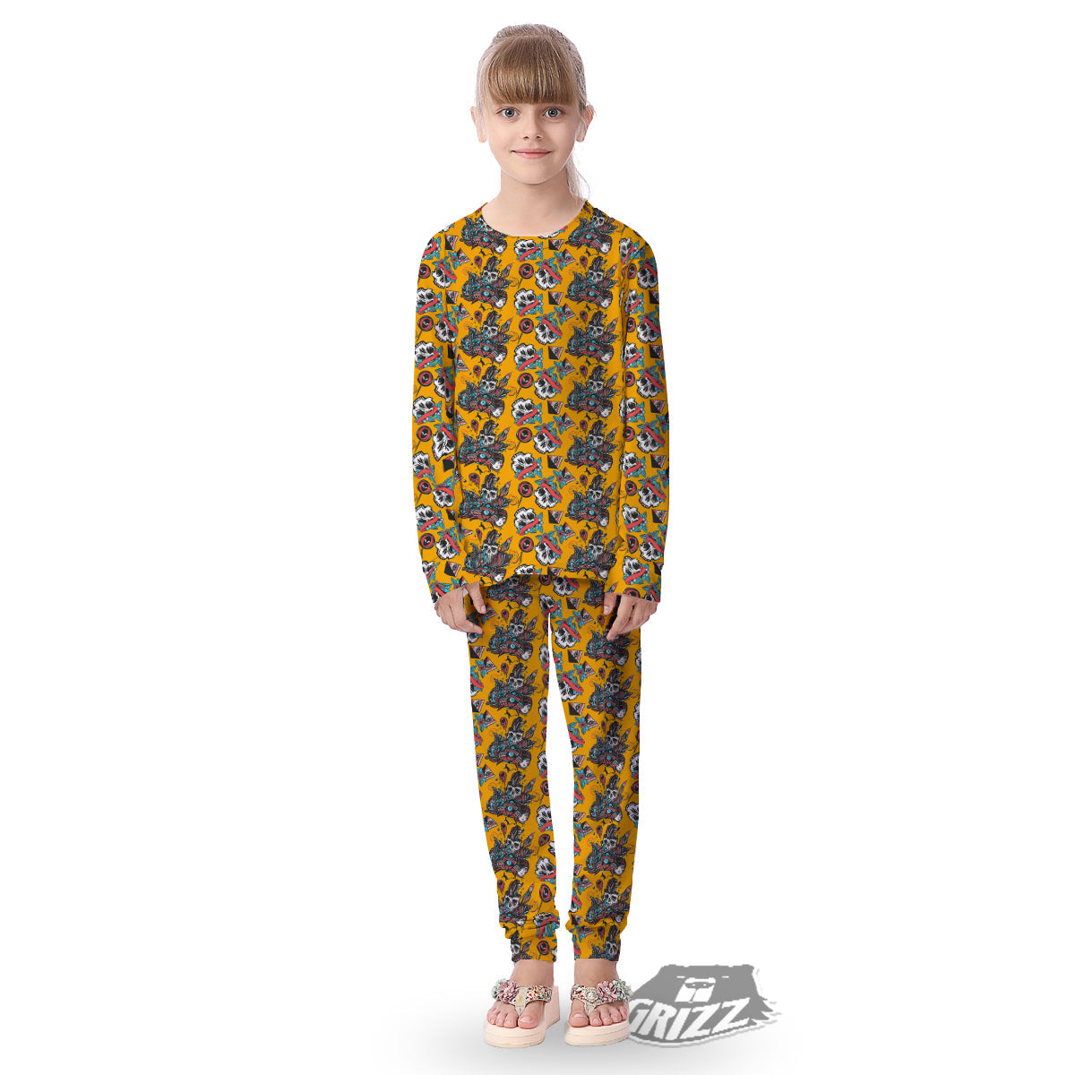 Yellow Skull Old School Tattoo Print Pattern Kid's Pajamas-grizzshop
