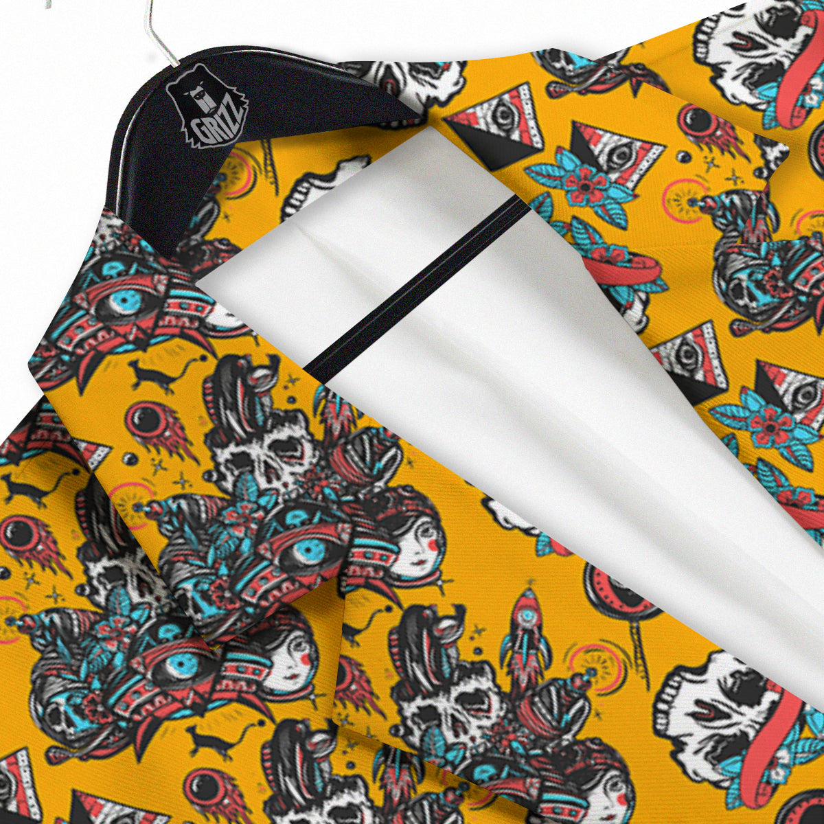 Yellow Skull Old School Tattoo Print Pattern Men's Sport Coat-grizzshop