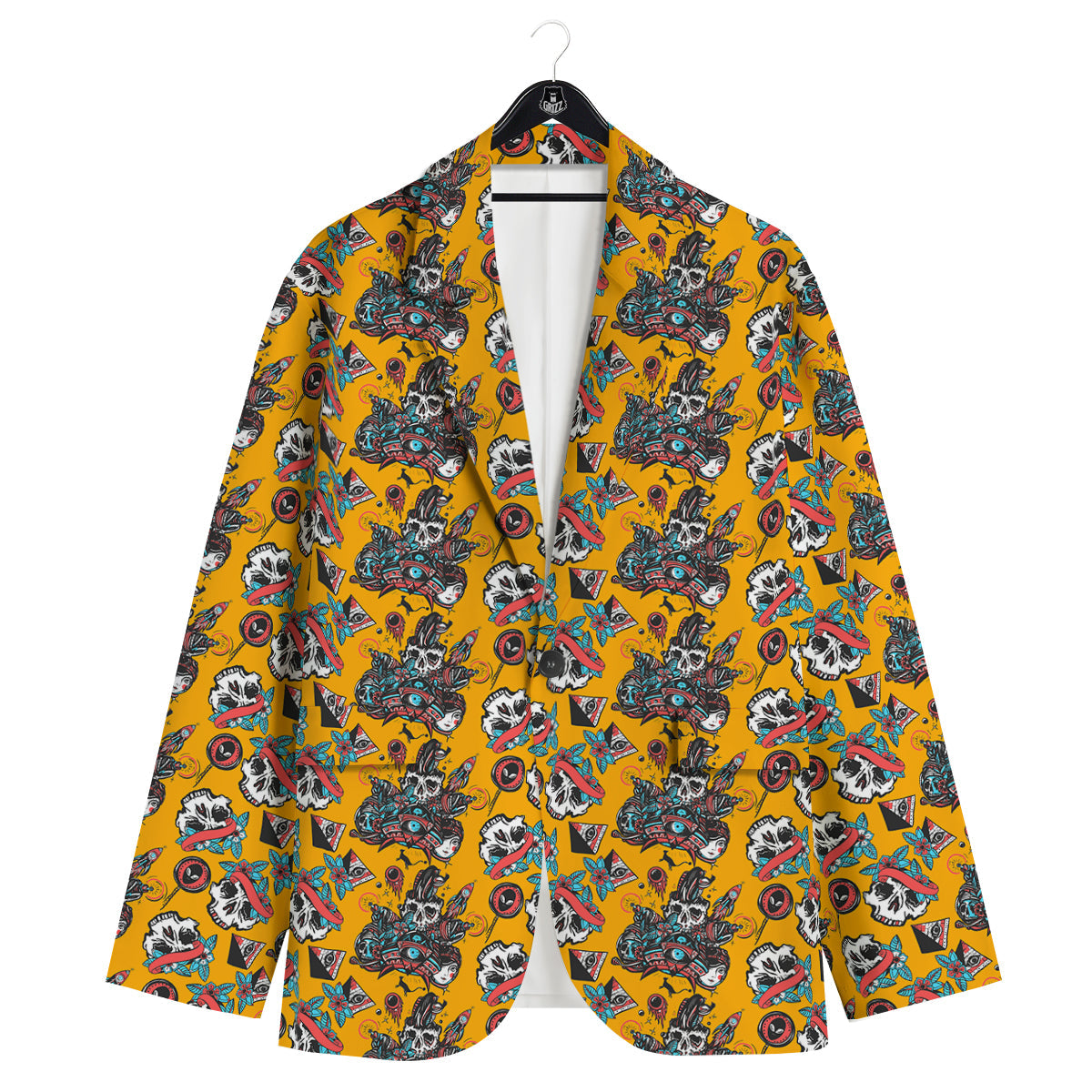 Yellow Skull Old School Tattoo Print Pattern Men's Sport Coat-grizzshop