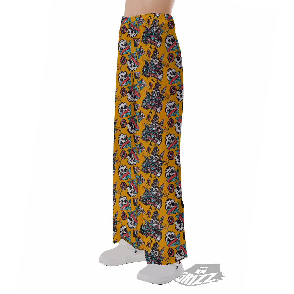 Yellow Skull Old School Tattoo Print Pattern Pajama Pants-grizzshop