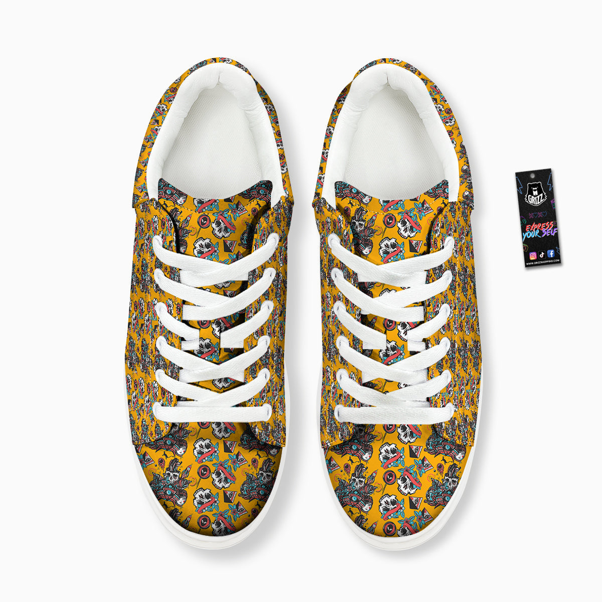Yellow Skull Old School Tattoo Print Pattern Platform Shoes-grizzshop