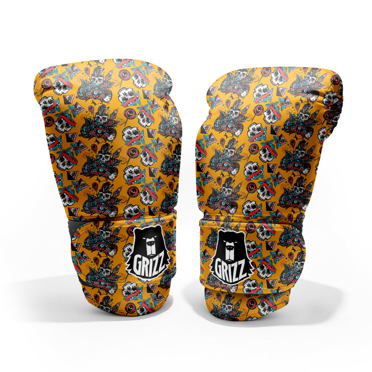 Yellow Skull Old School Tattoo Print Pattern Pro Boxing Glove