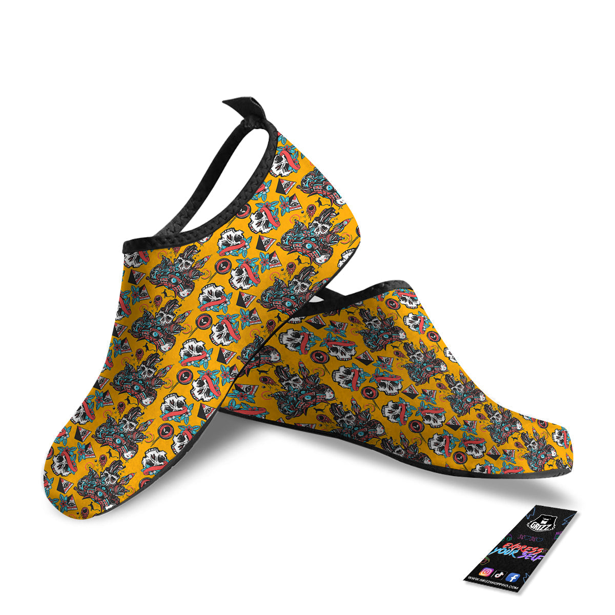 Yellow Skull Old School Tattoo Print Pattern Water Shoes-grizzshop