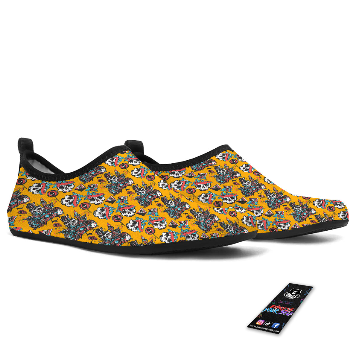 Yellow Skull Old School Tattoo Print Pattern Water Shoes-grizzshop