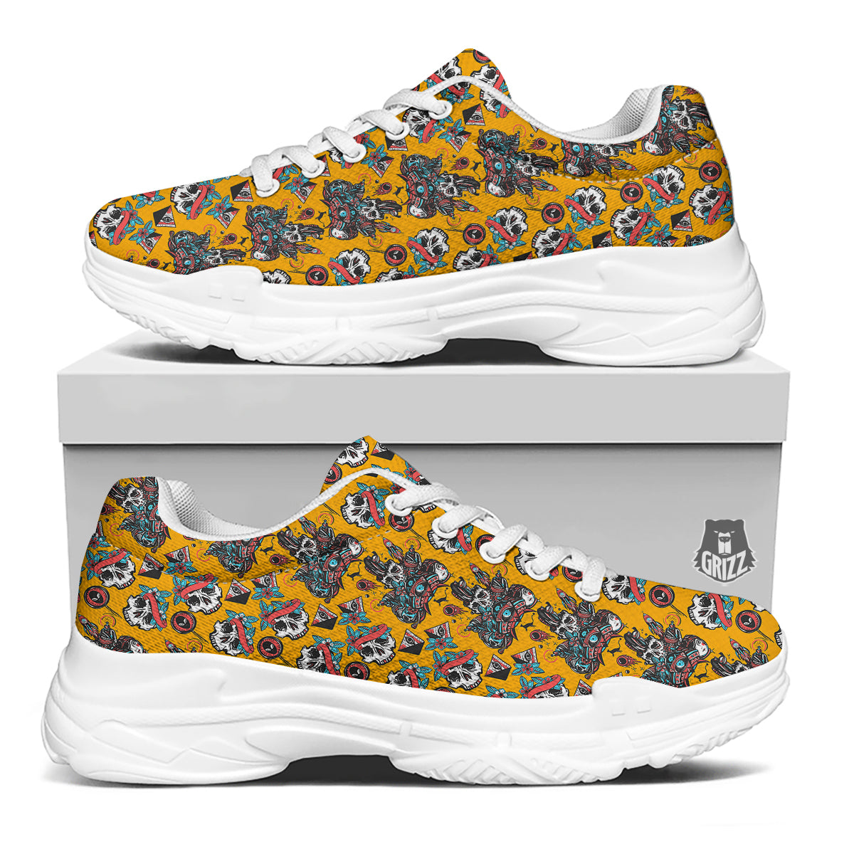 Yellow Skull Old School Tattoo Print Pattern White Chunky Shoes-grizzshop