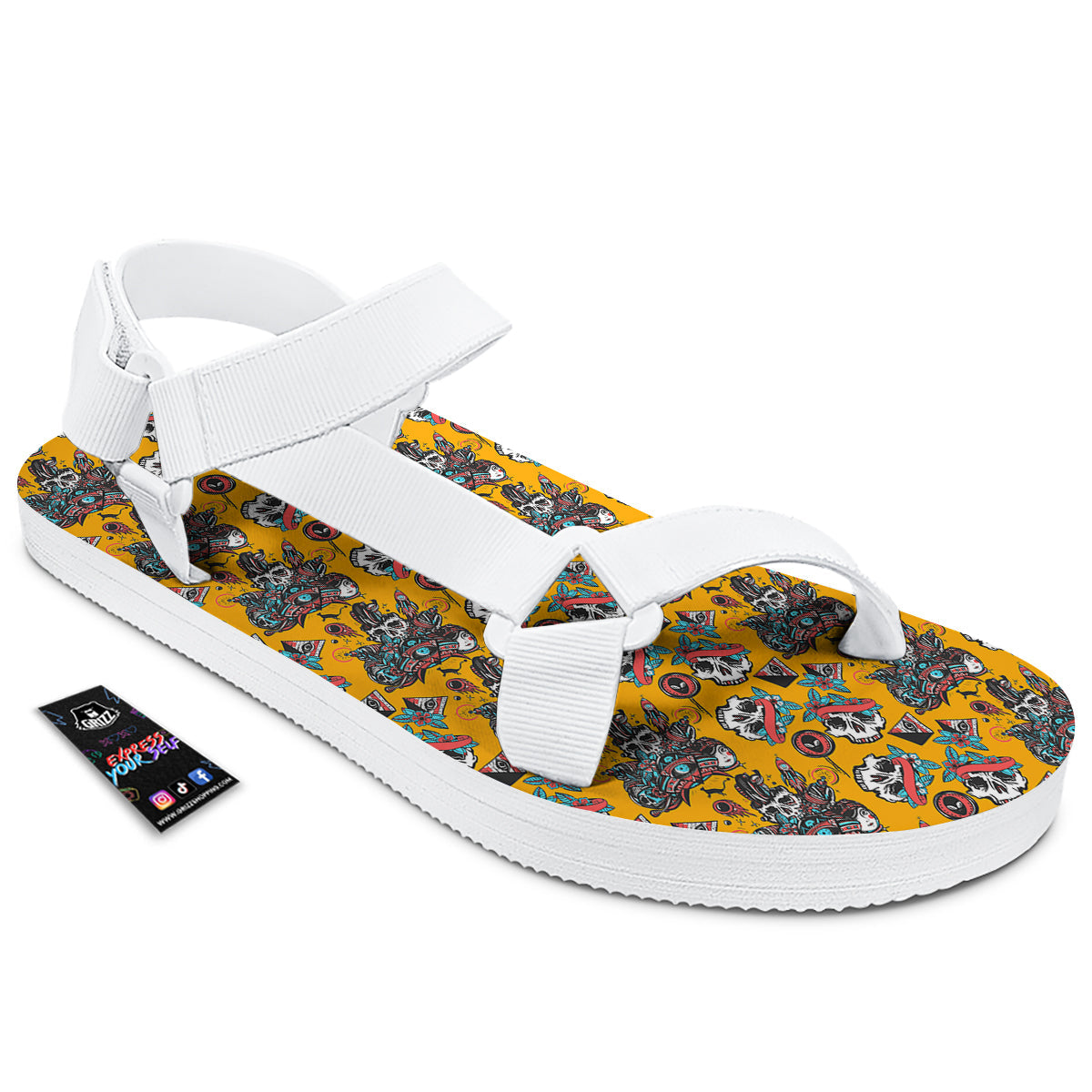 Yellow Skull Old School Tattoo Print Pattern White Open Toe Sandals-grizzshop