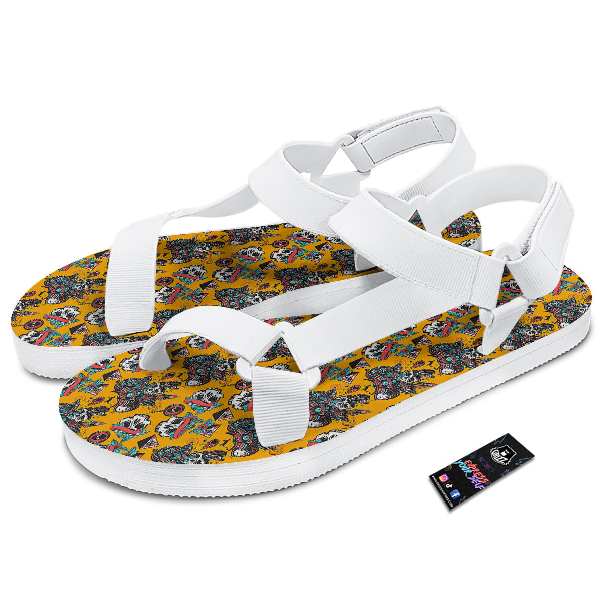 Yellow Skull Old School Tattoo Print Pattern White Open Toe Sandals-grizzshop