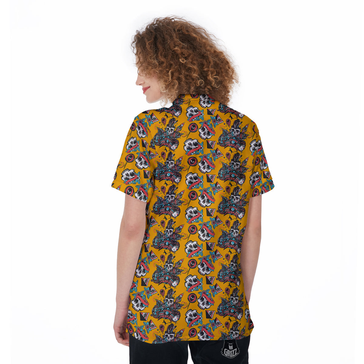 Yellow Skull Old School Tattoo Print Pattern Women's Golf Shirts-grizzshop