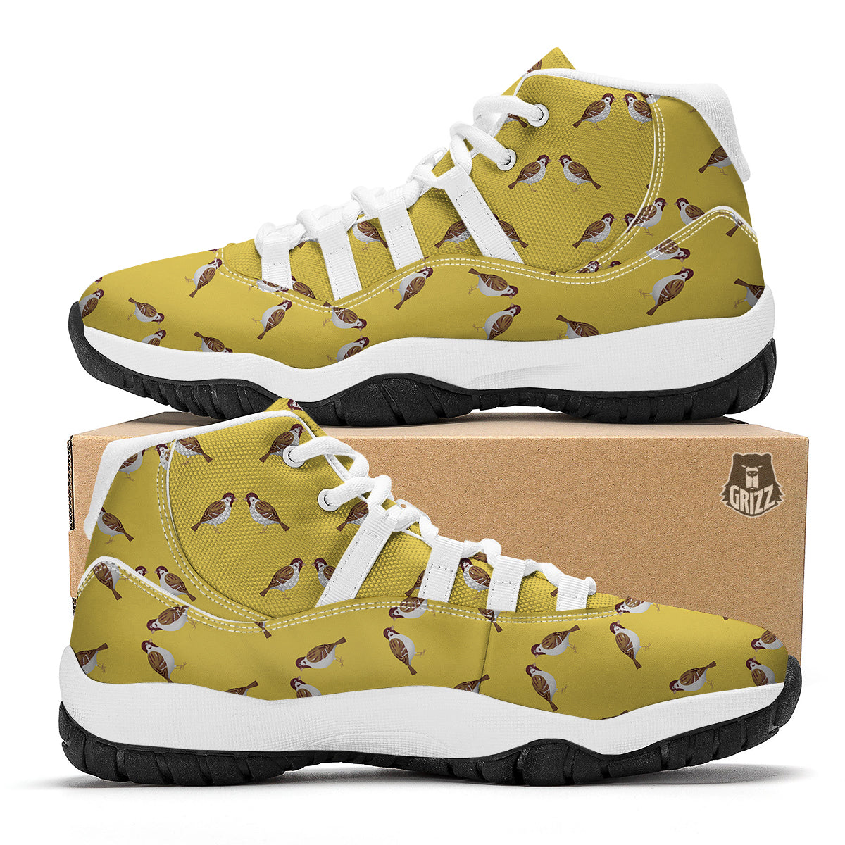 Yellow Sparrow Print Pattern White Bball Shoes-grizzshop
