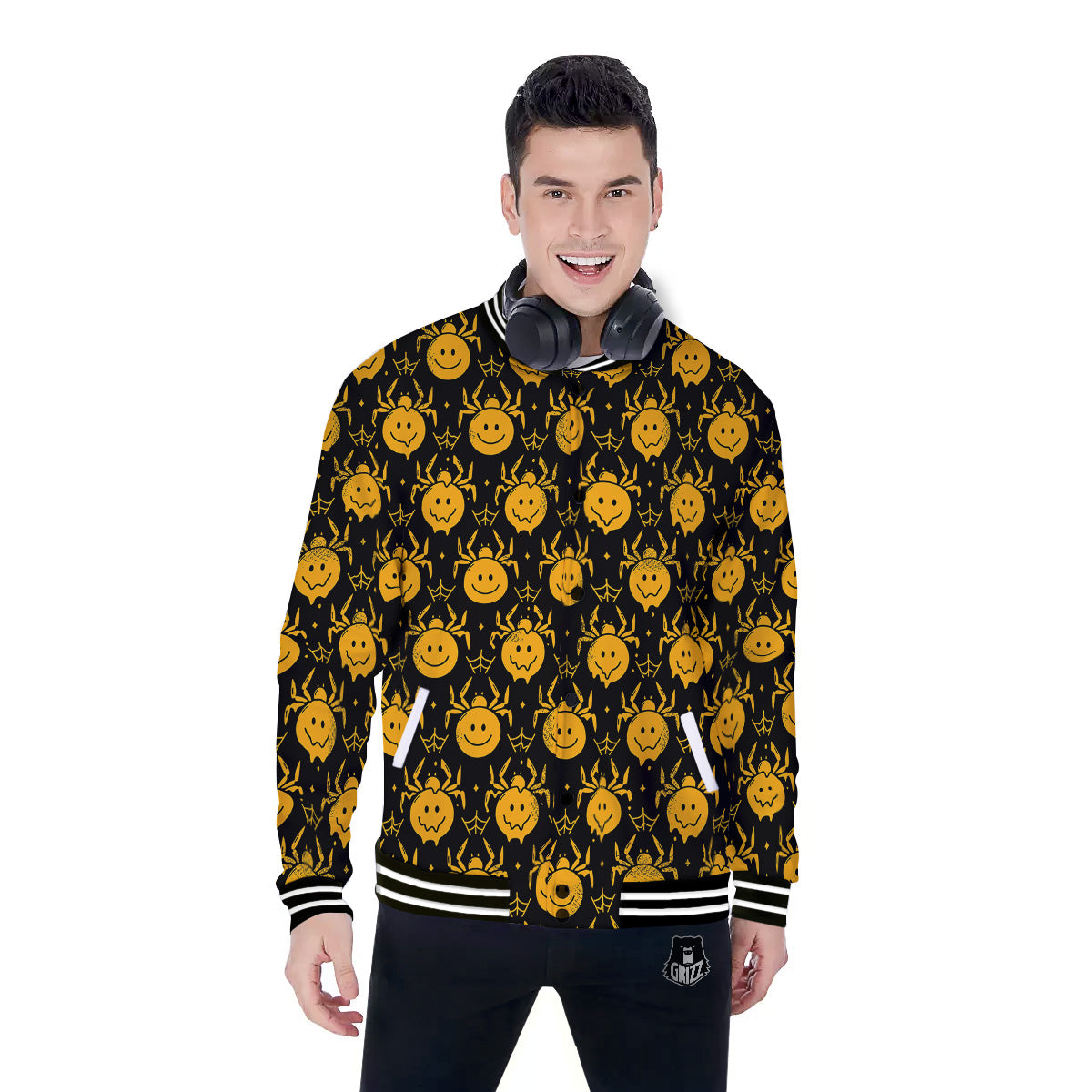 Yellow Spider Psychedelic Melt Print Pattern Baseball Jacket-grizzshop