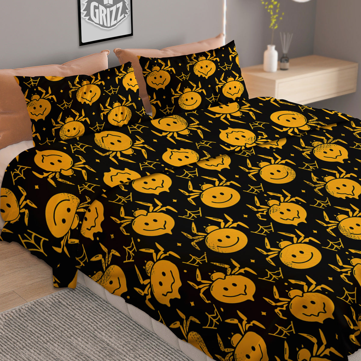 Yellow Spider Psychedelic Melt Print Pattern Duvet Cover Bedding Set