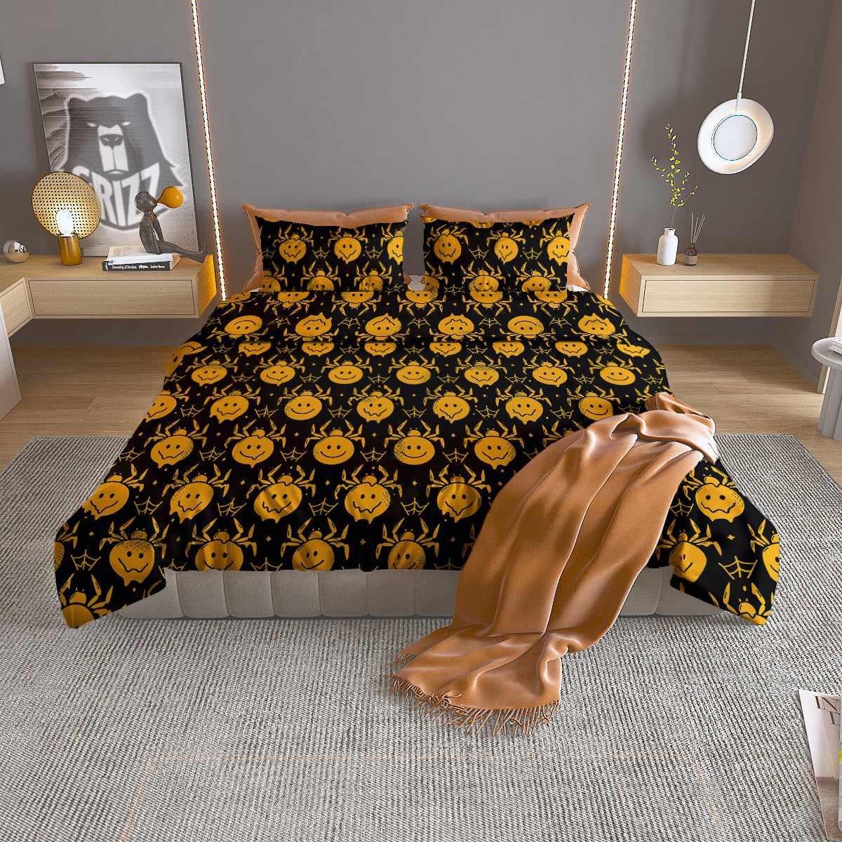 Yellow Spider Psychedelic Melt Print Pattern Duvet Cover Bedding Set