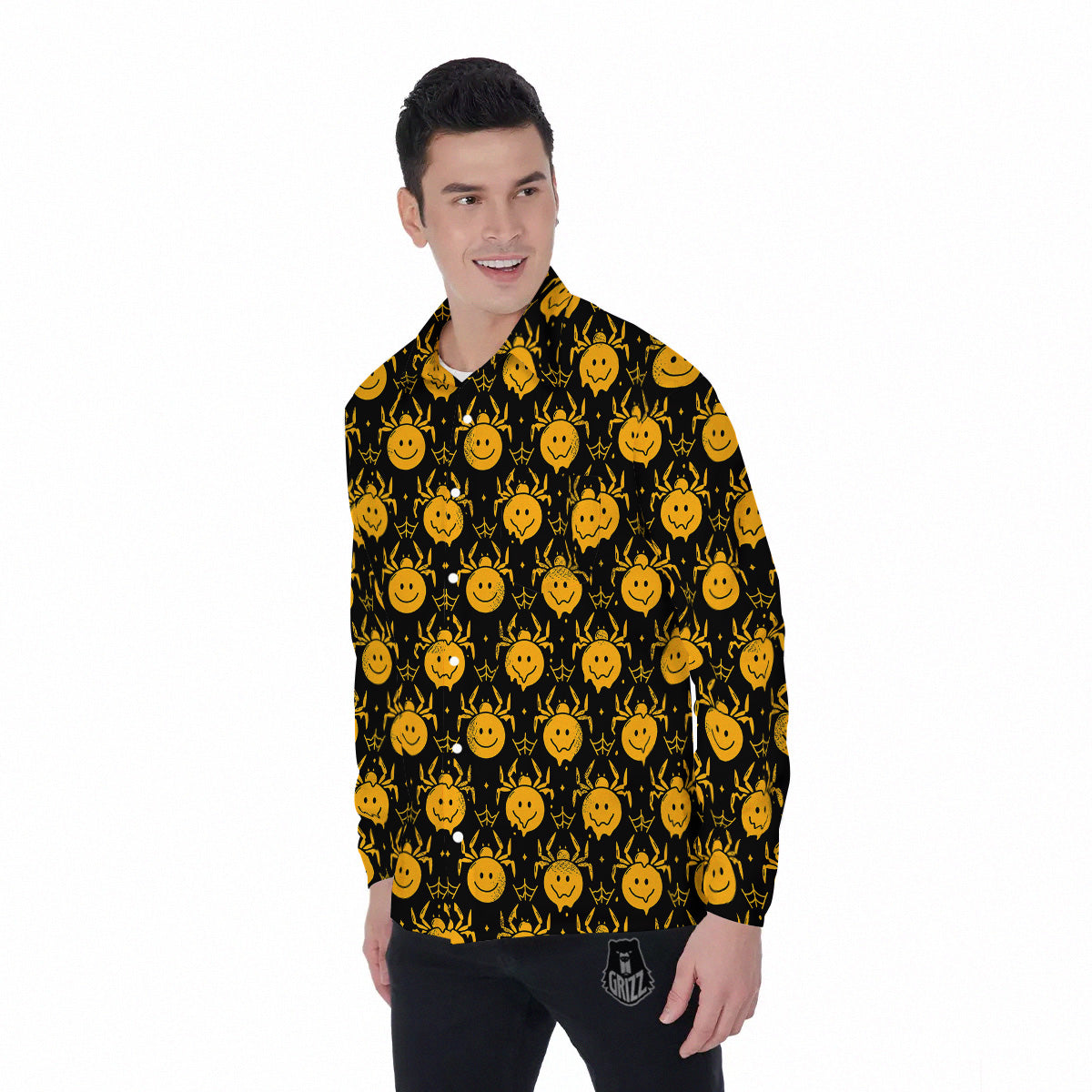 Yellow Spider Psychedelic Melt Print Pattern Men's Long Sleeve Shirts-grizzshop