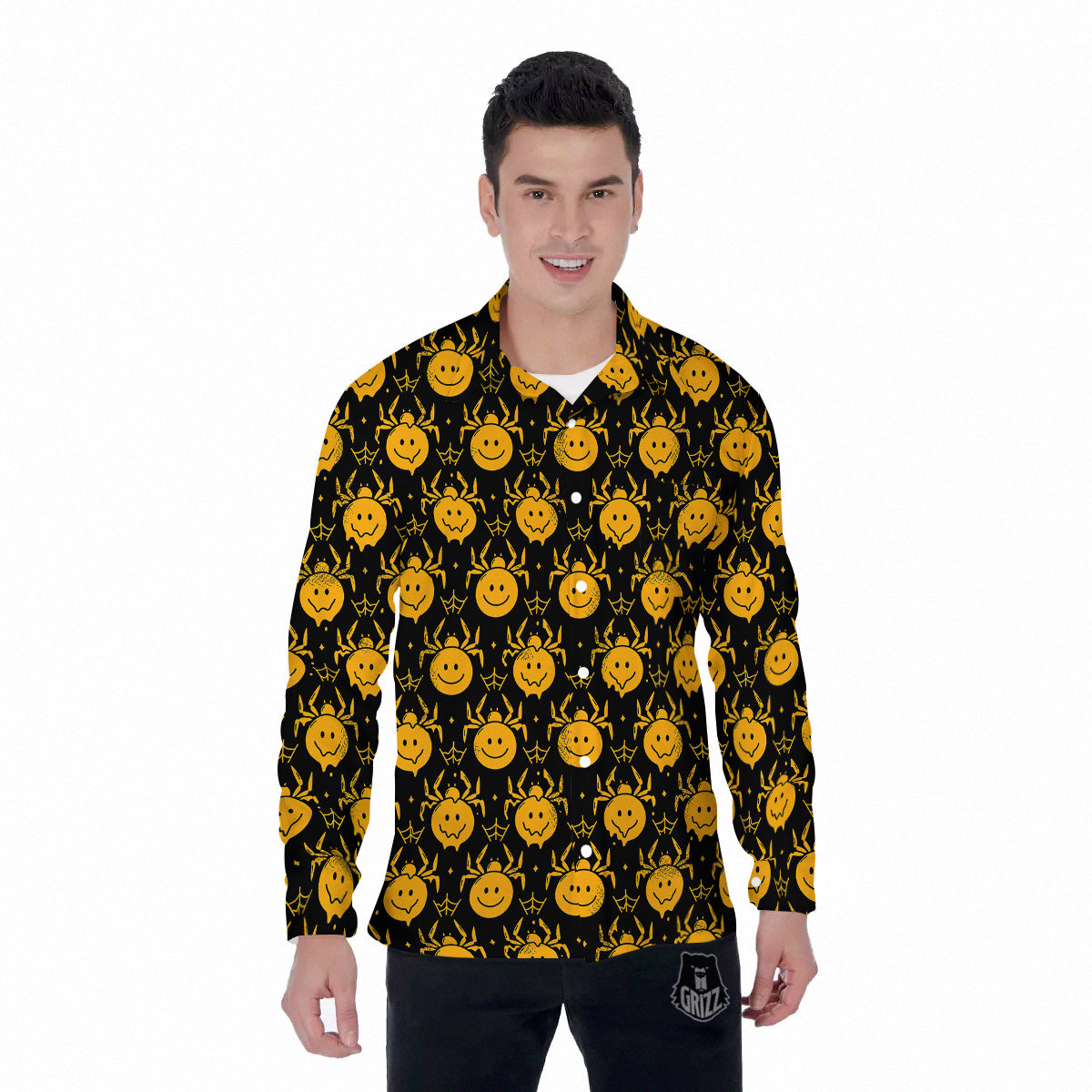 Yellow Spider Psychedelic Melt Print Pattern Men's Long Sleeve Shirts-grizzshop