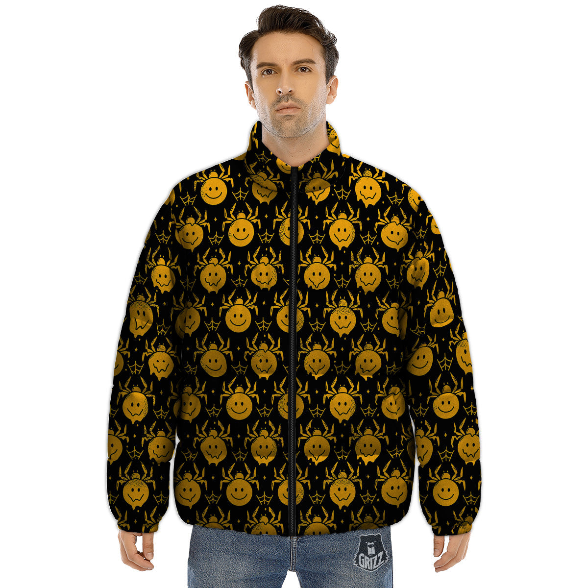 Yellow Spider Psychedelic Melt Print Pattern Puffer Jacket-grizzshop