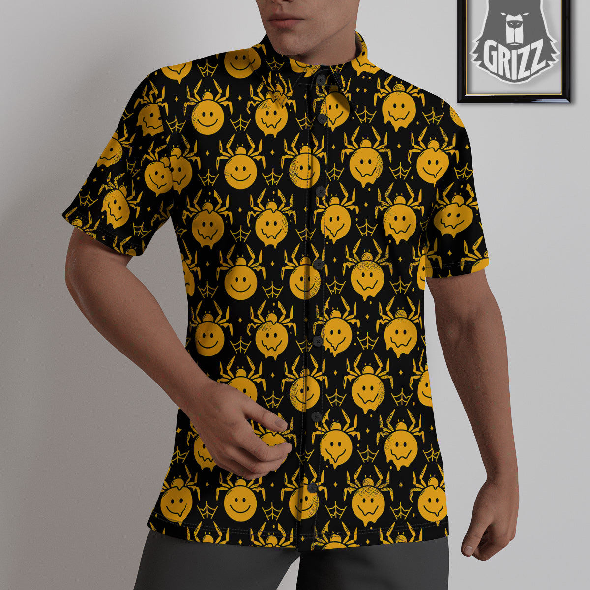 Yellow Spider Psychedelic Melt Print Pattern Untucked Shirts-grizzshop