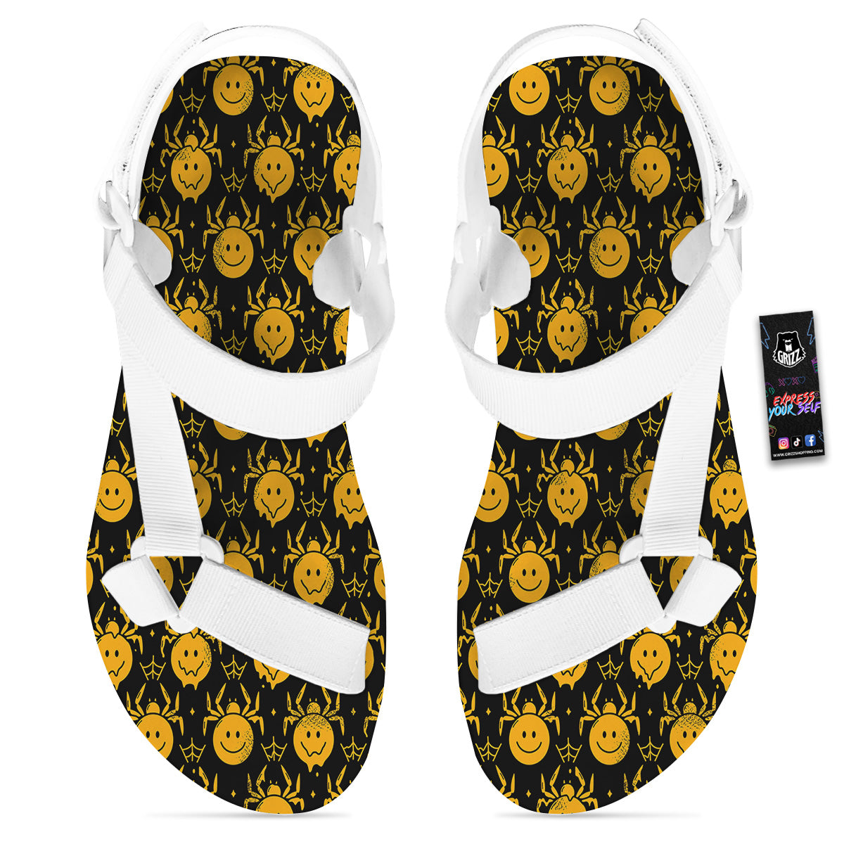 Yellow Spider Psychedelic Melt Print Pattern White Open Toe Sandals-grizzshop