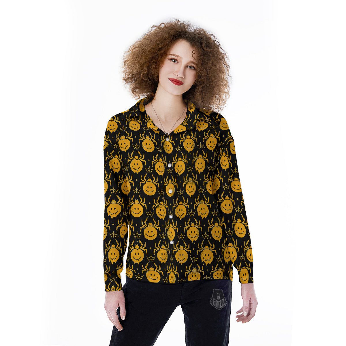 Yellow Spider Psychedelic Melt Print Pattern Women's Long Sleeve Shirts-grizzshop