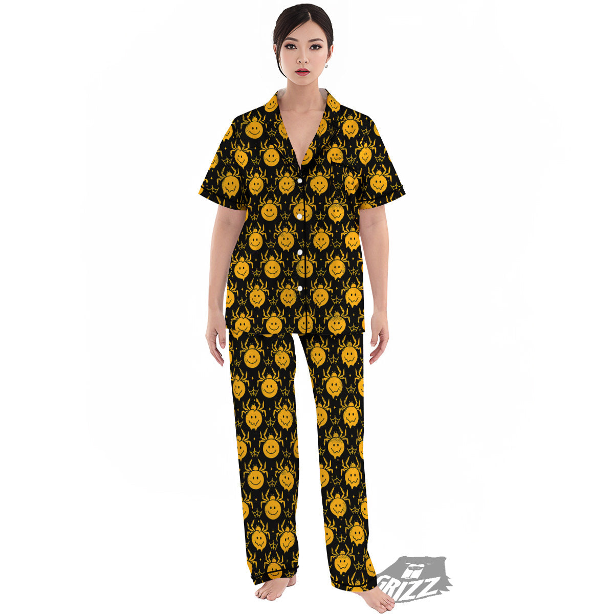 Yellow Spider Psychedelic Melt Print Pattern Women's Pajamas Set-grizzshop