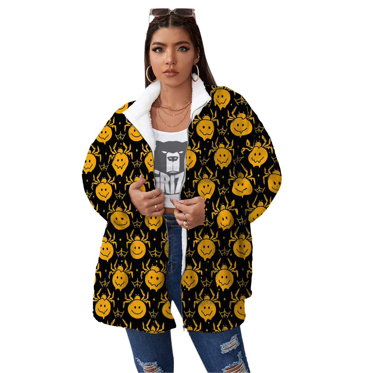 Yellow Spider Psychedelic Melt Print Pattern Women's Sherpa Jacket-grizzshop