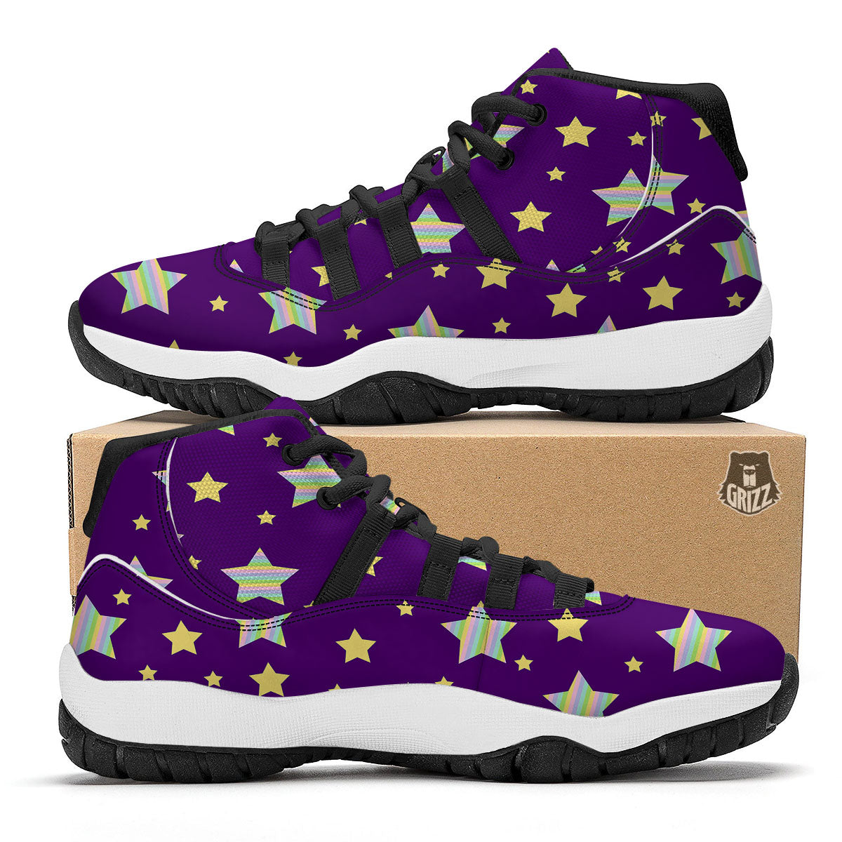Yellow Stars Purple Print Pattern Black Bball Shoes-grizzshop