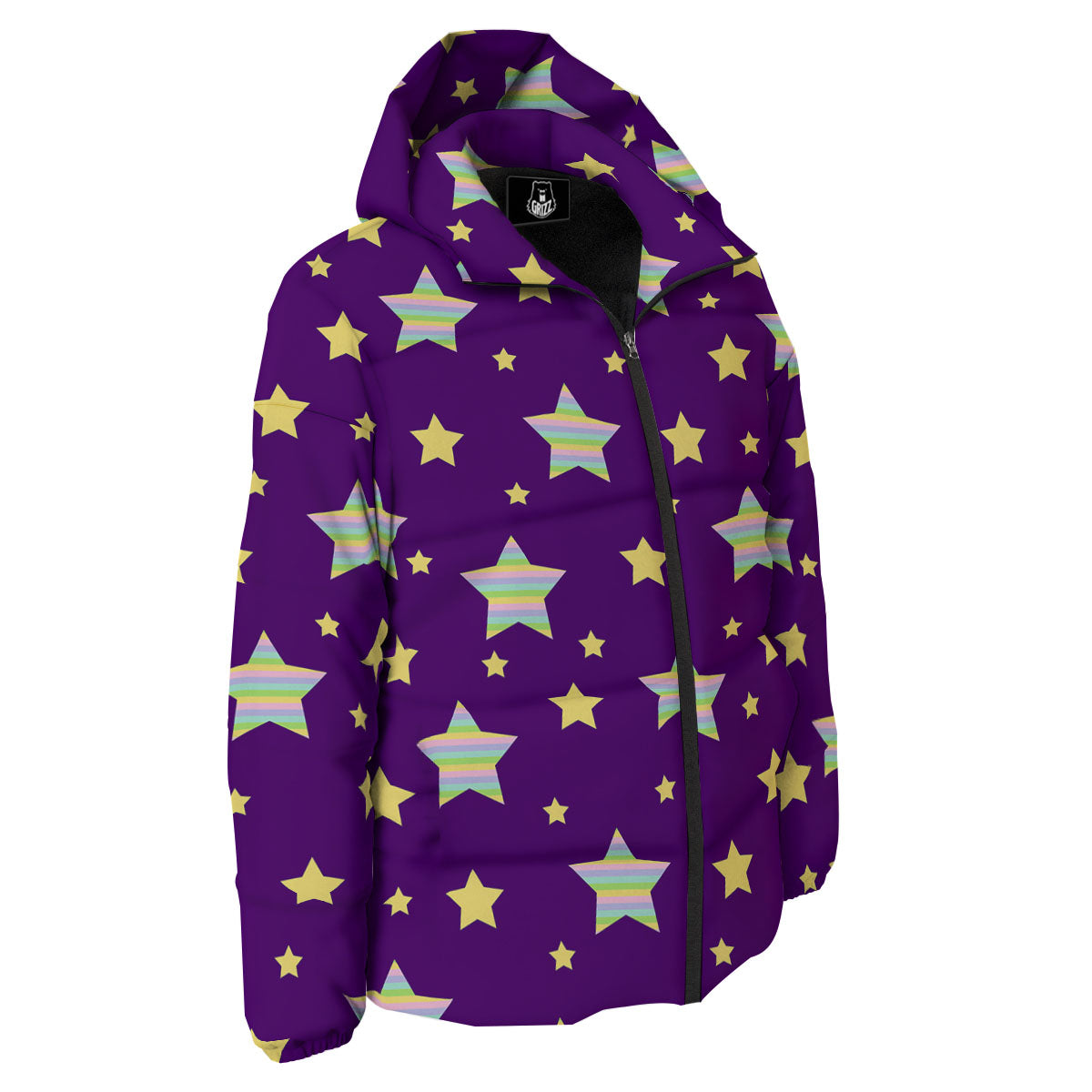 Yellow Stars Purple Print Pattern Down Jacket-grizzshop