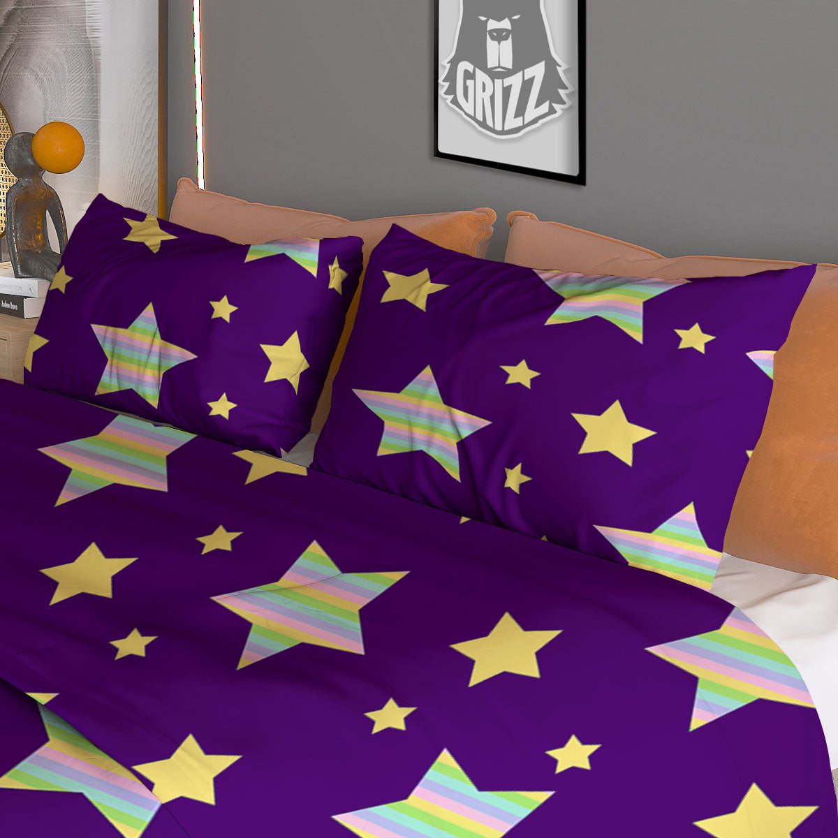 Yellow Stars Purple Print Pattern Duvet Cover Bedding Set
