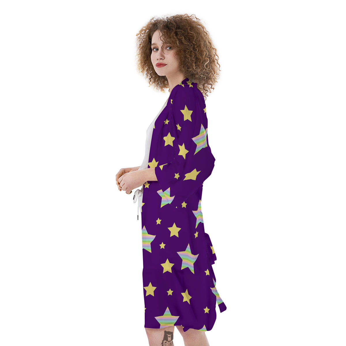 Yellow Stars Purple Print Pattern Kimono-grizzshop