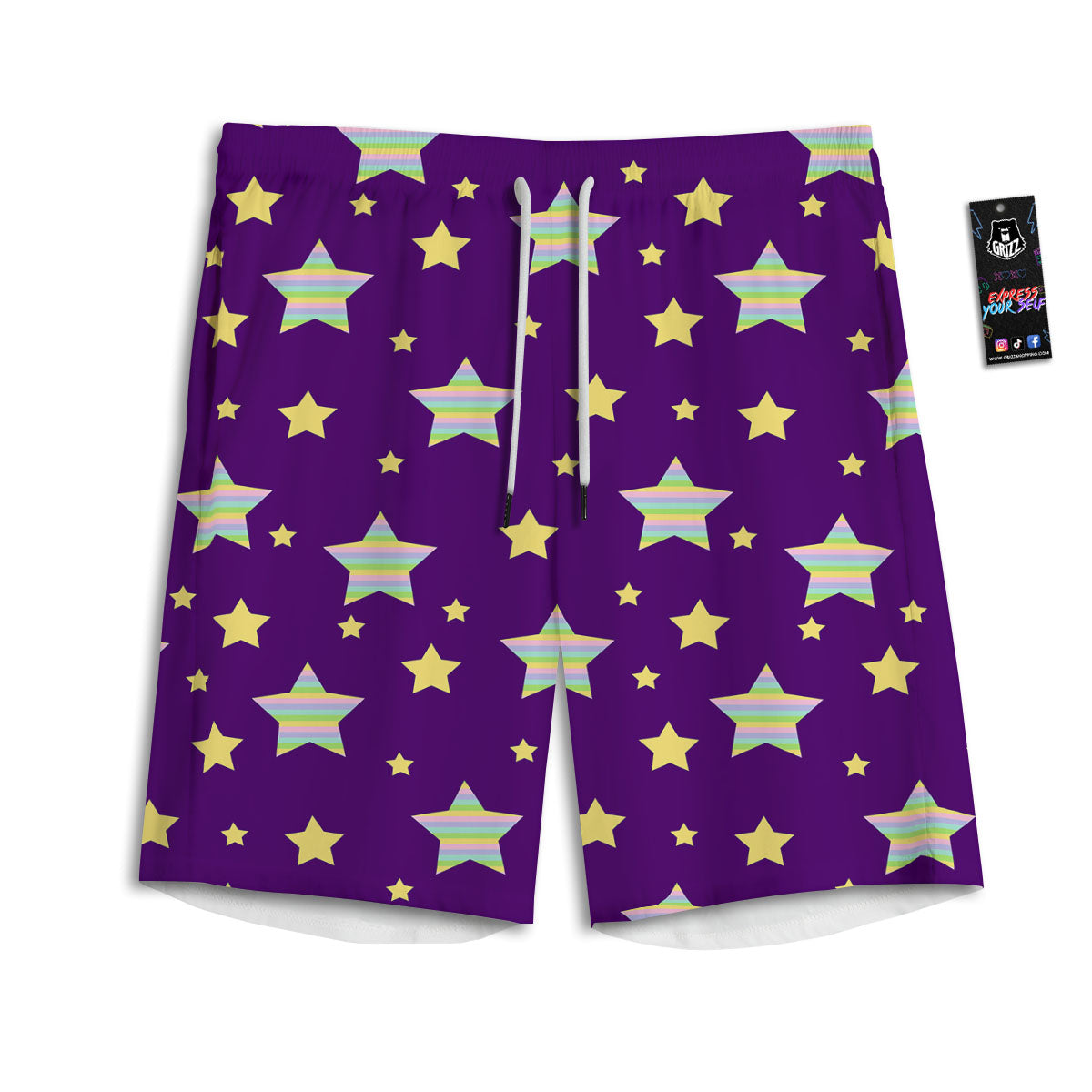 Yellow Stars Purple Print Pattern Men's Athletic Shorts