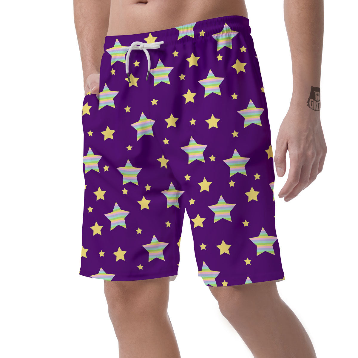 Yellow Stars Purple Print Pattern Men's Shorts-grizzshop