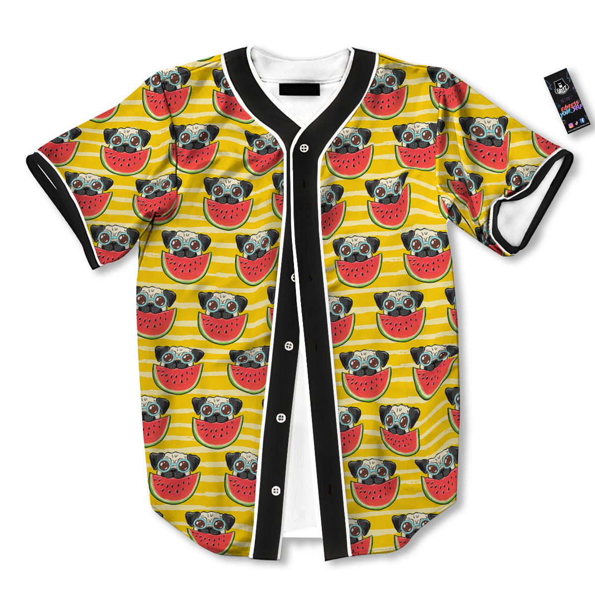 Yellow Striped Pug Dog Print Pattern Baseball Jersey-grizzshop