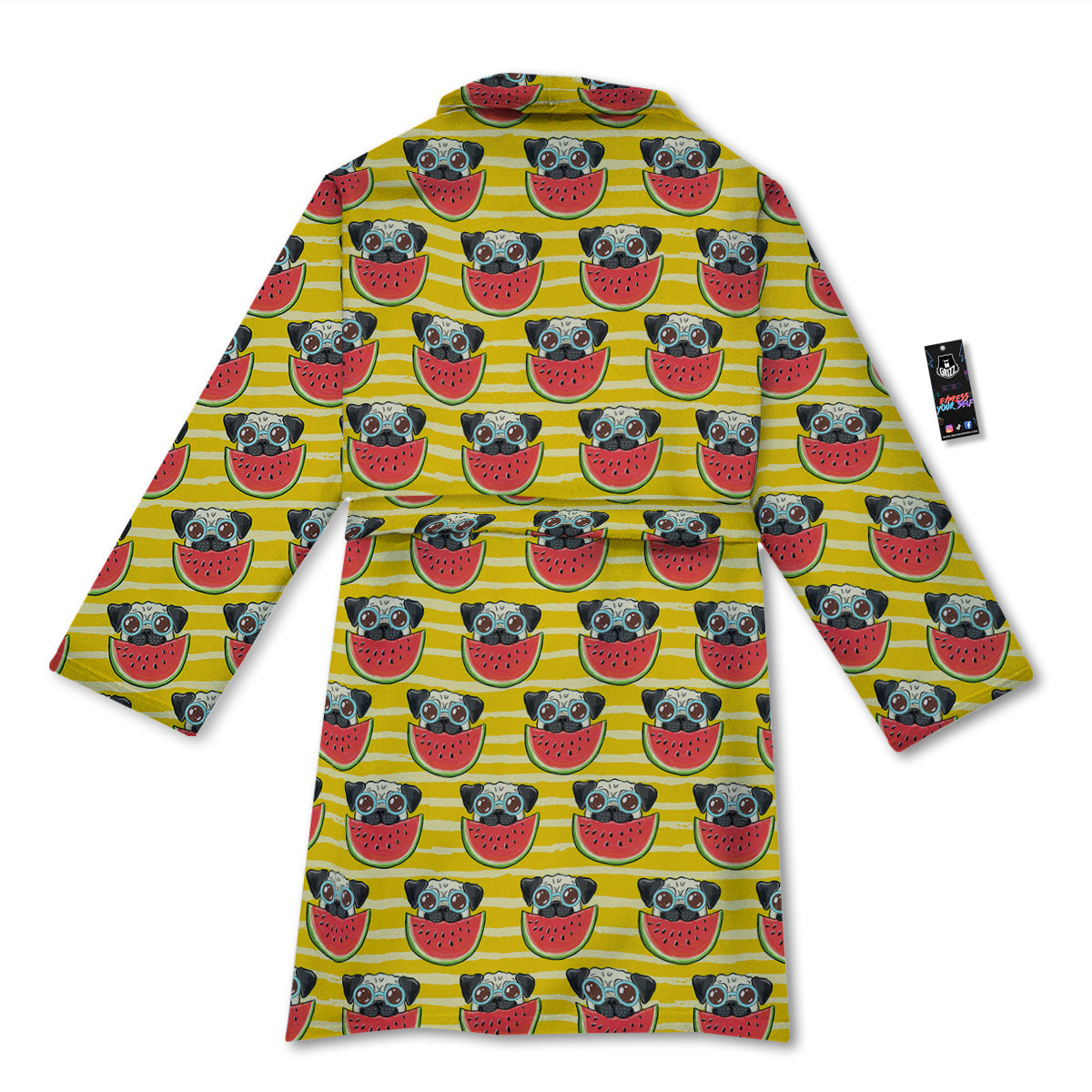 Yellow Striped Pug Dog Print Pattern Bathrobe-grizzshop
