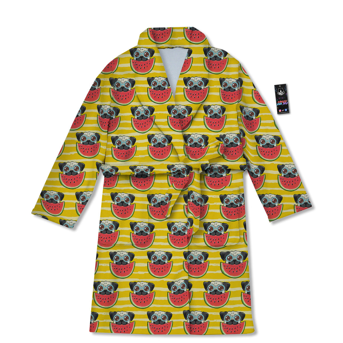 Yellow Striped Pug Dog Print Pattern Bathrobe-grizzshop