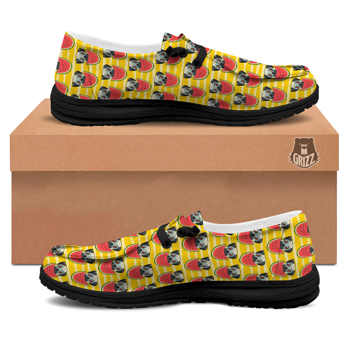 Yellow Striped Pug Dog Print Pattern Black Loafers-grizzshop