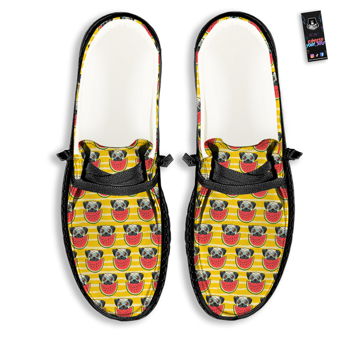 Yellow Striped Pug Dog Print Pattern Black Loafers-grizzshop