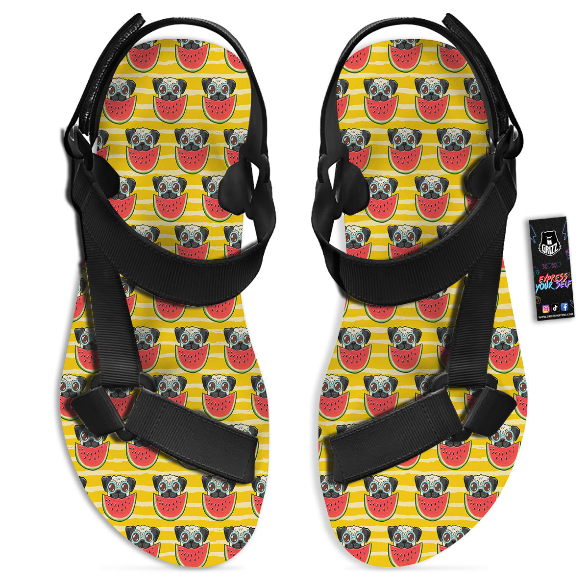 Yellow Striped Pug Dog Print Pattern Black Open Toe Sandals-grizzshop