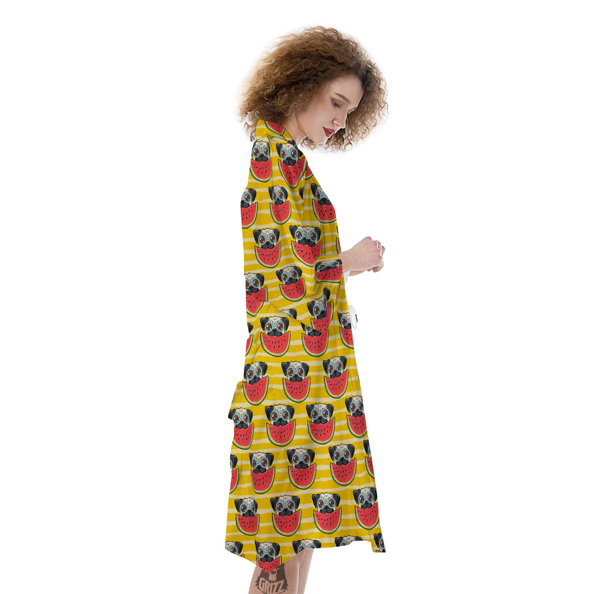 Yellow Striped Pug Dog Print Pattern Kimono-grizzshop