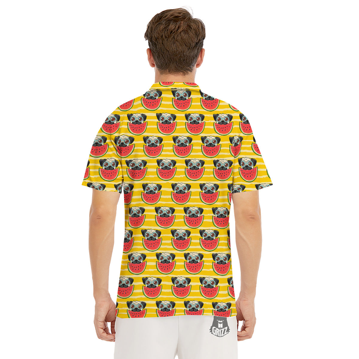 Yellow Striped Pug Dog Print Pattern Men's Golf Shirts-grizzshop