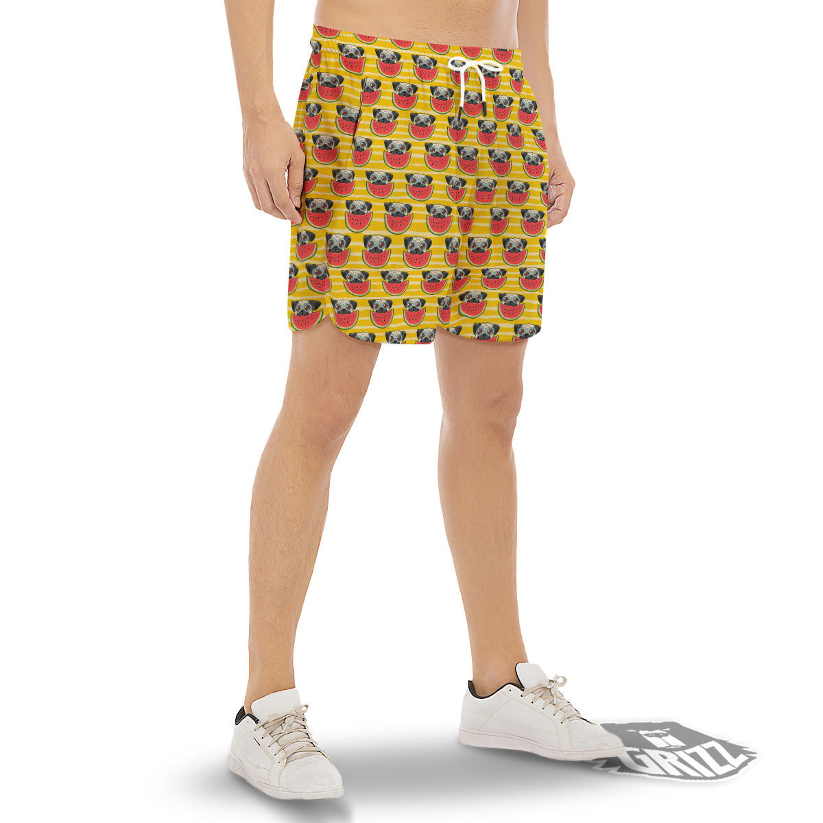 Yellow Striped Pug Dog Print Pattern Men's Gym Shorts-grizzshop