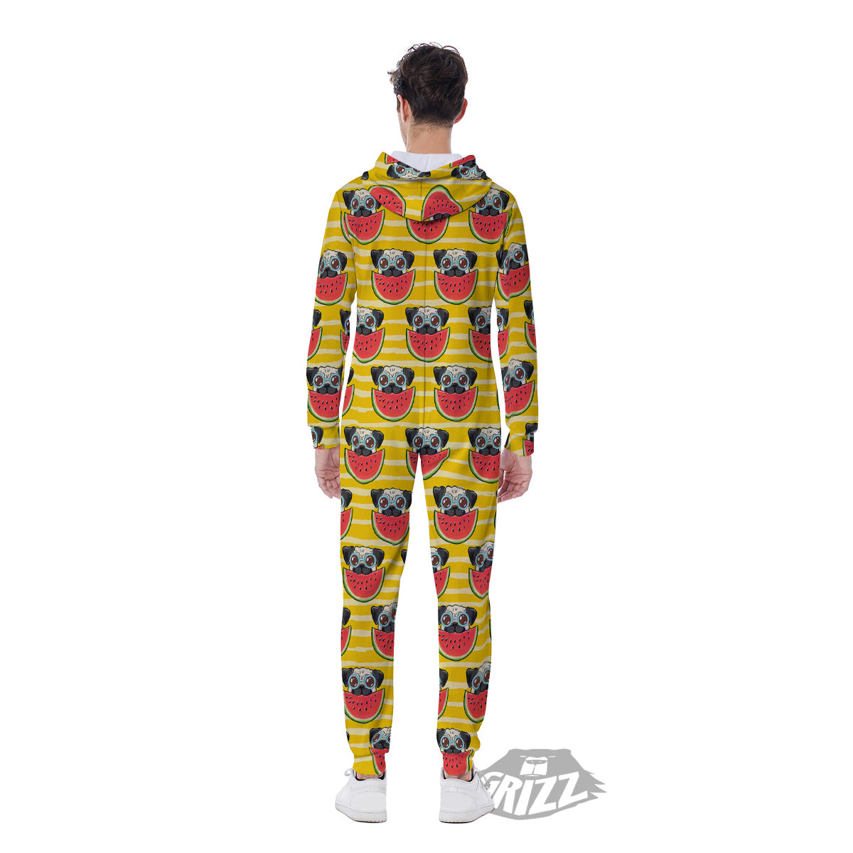 Yellow Striped Pug Dog Print Pattern Men's Jumpsuit-grizzshop