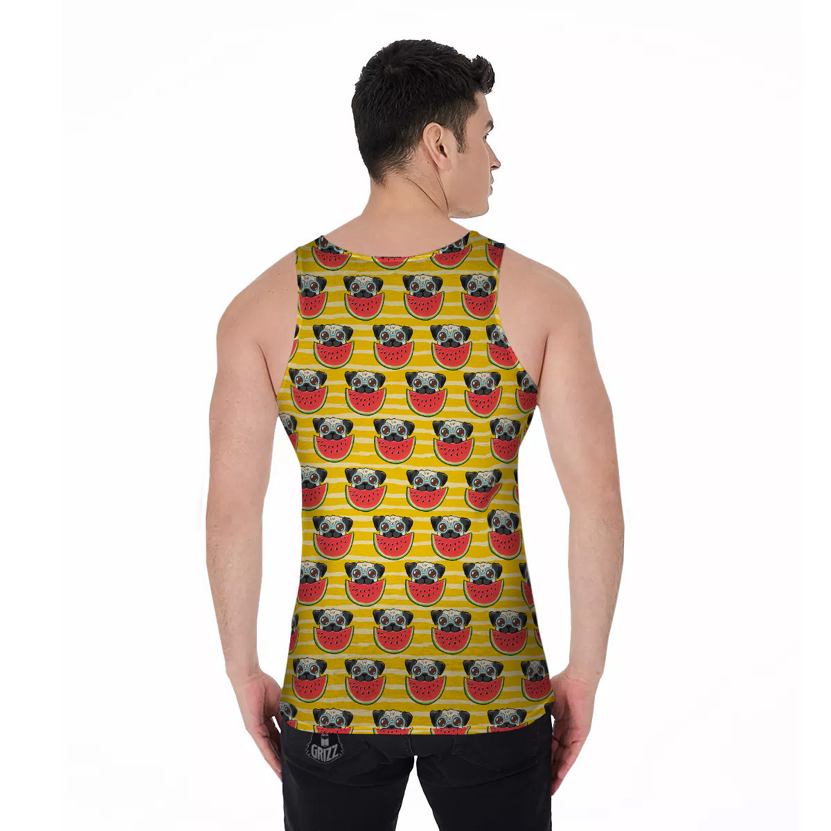 Yellow Striped Pug Dog Print Pattern Men's Tank Top-grizzshop