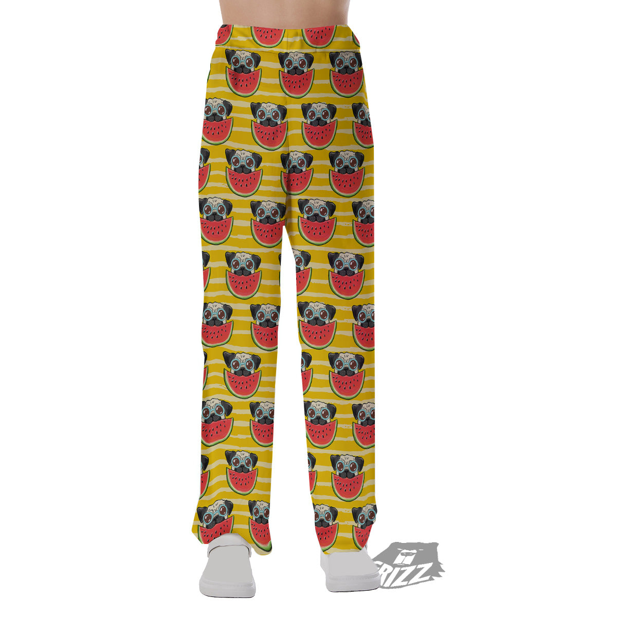 Yellow Striped Pug Dog Print Pattern Pajama Pants-grizzshop