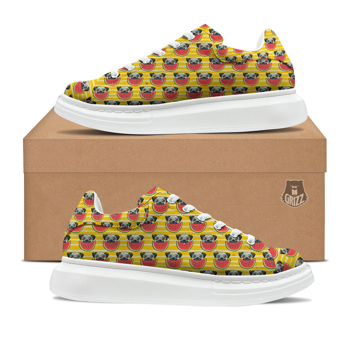 Yellow Striped Pug Dog Print Pattern Platform Shoes-grizzshop